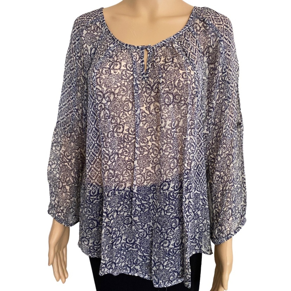 LUCKY BRAND Floral Sheer Chiffon Long Sleeves Blouse Size L